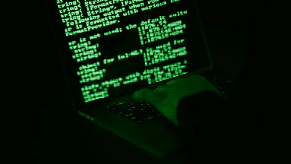 Hands typing on a laptop with information on the screen