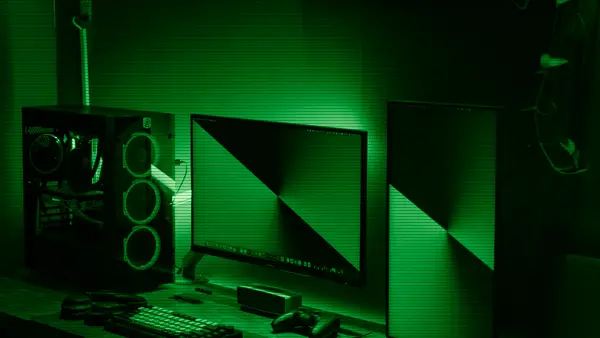A desk with a dual-monitor setup