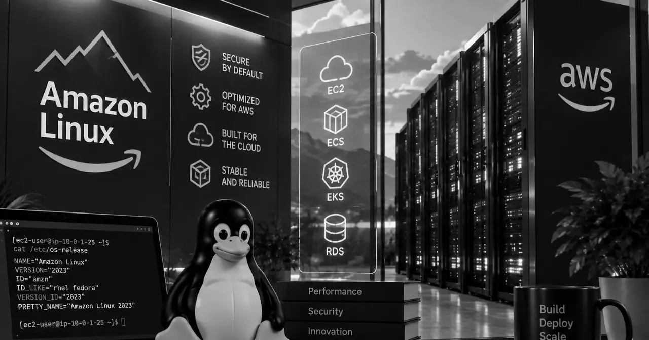 Amazon Linux illustration: a Tux penguin next to a laptop showing /etc/os-release output, EC2, ECS, EKS and RDS icons and AWS server racks