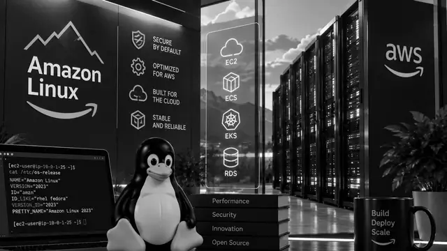 Amazon Linux illustration: a Tux penguin next to a laptop showing /etc/os-release output, EC2, ECS, EKS and RDS icons and AWS server racks