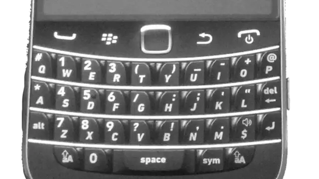Black BlackBerry Bold 9900 smartphone with physical QWERTY keyboard, front view