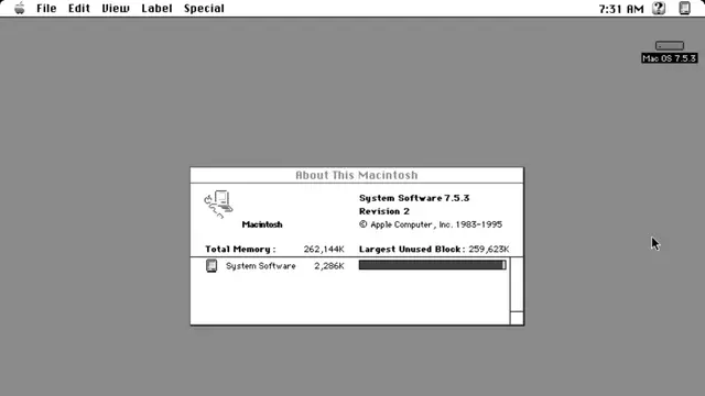 Classic Mac OS desktop running System 7 showing the Finder, icons and the menu bar