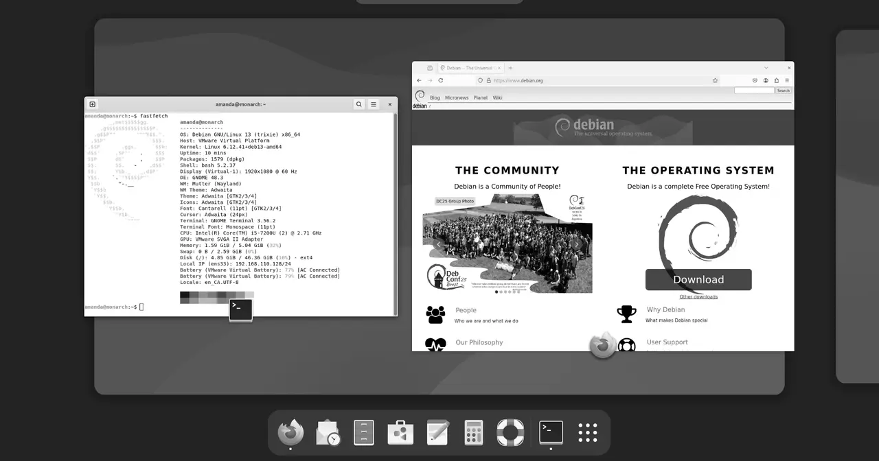 Debian 13 \"trixie\" desktop running the GNOME 48 environment