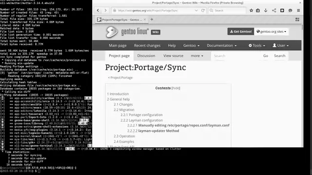 Gentoo GNOME desktop with a terminal showing a Portage sync and eix-diff output, and Firefox open on the Project:Portage/Sync page of the Gentoo wiki