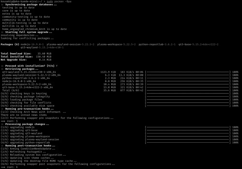 Screenshot of pacman running in an Arch Linux terminal