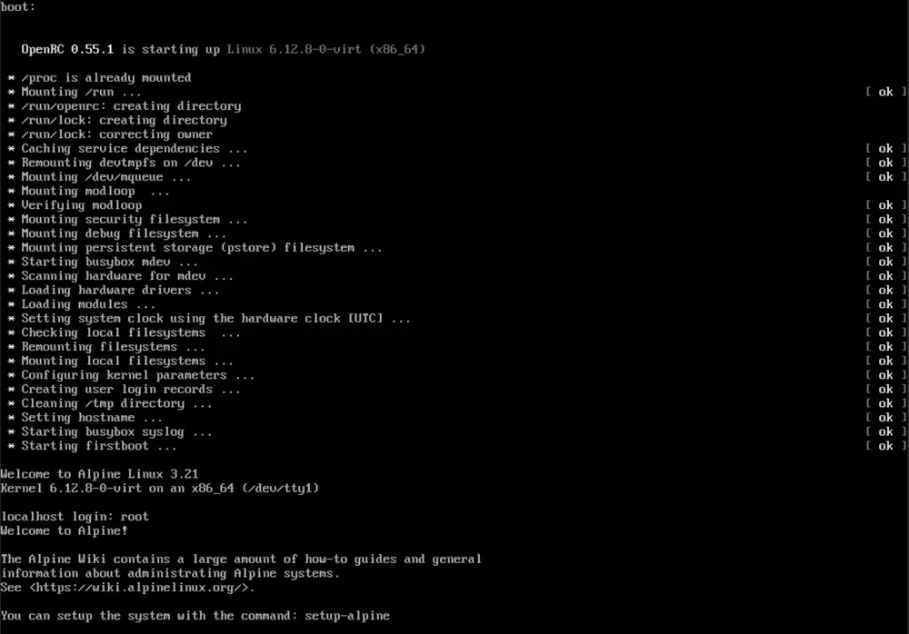 Alpine Linux console installation process, showing its lightweight and minimalist nature