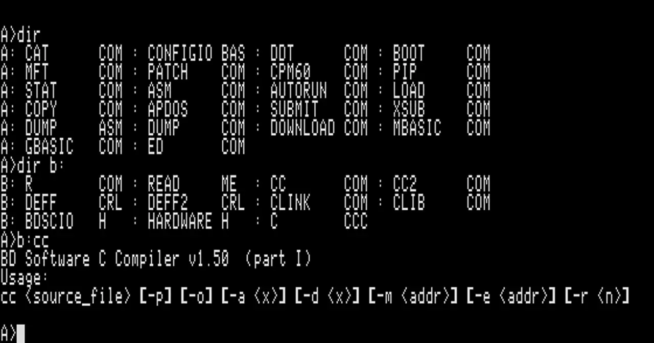 Screenshot of the CP/M command-line interpreter showing its command prompt