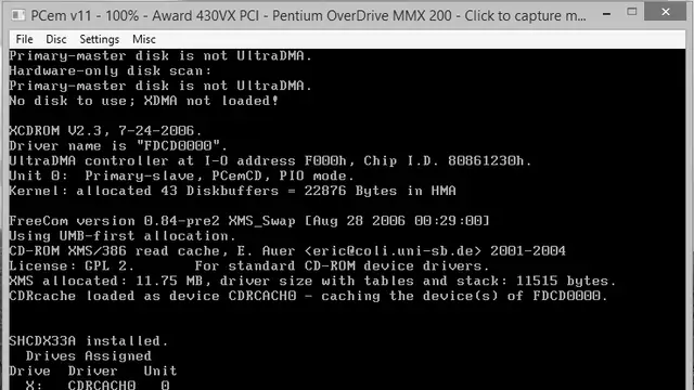 Screenshot of FreeDOS 1.0 running in the PCem emulator