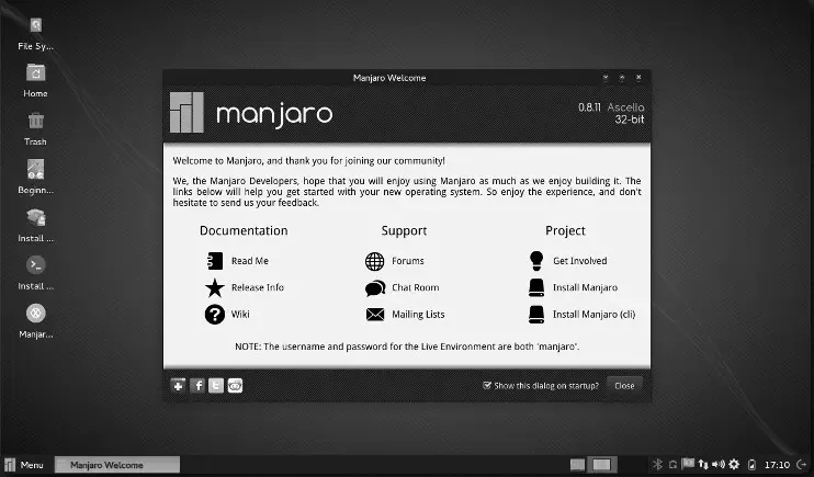 XFCE desktop of an early Manjaro Linux release (0.8.11)