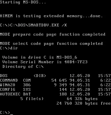 Output of the DIR command in MS-DOS showing a directory listing