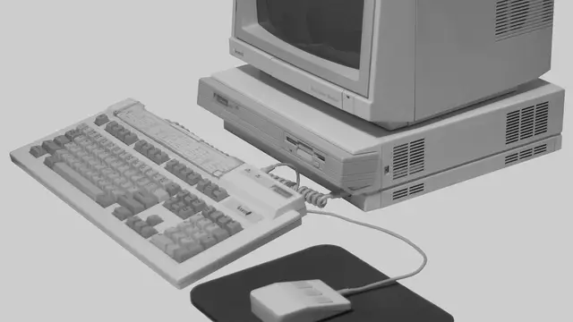 Acorn Archimedes A410/1 computer with its original monitor and mouse, the machine RISC OS was created for