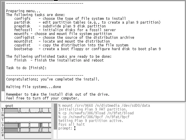 Screenshot of Plan 9 from Bell Labs, the UNIX successor operating system created by the same Bell Labs team