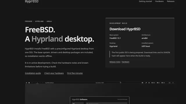 HyprBSD website homepage, with the tagline "FreeBSD. A Hyprland desktop.", a development build box based on FreeBSD 15.1 for amd64 and, below it, the HyprBSD Software app store open on the desktop