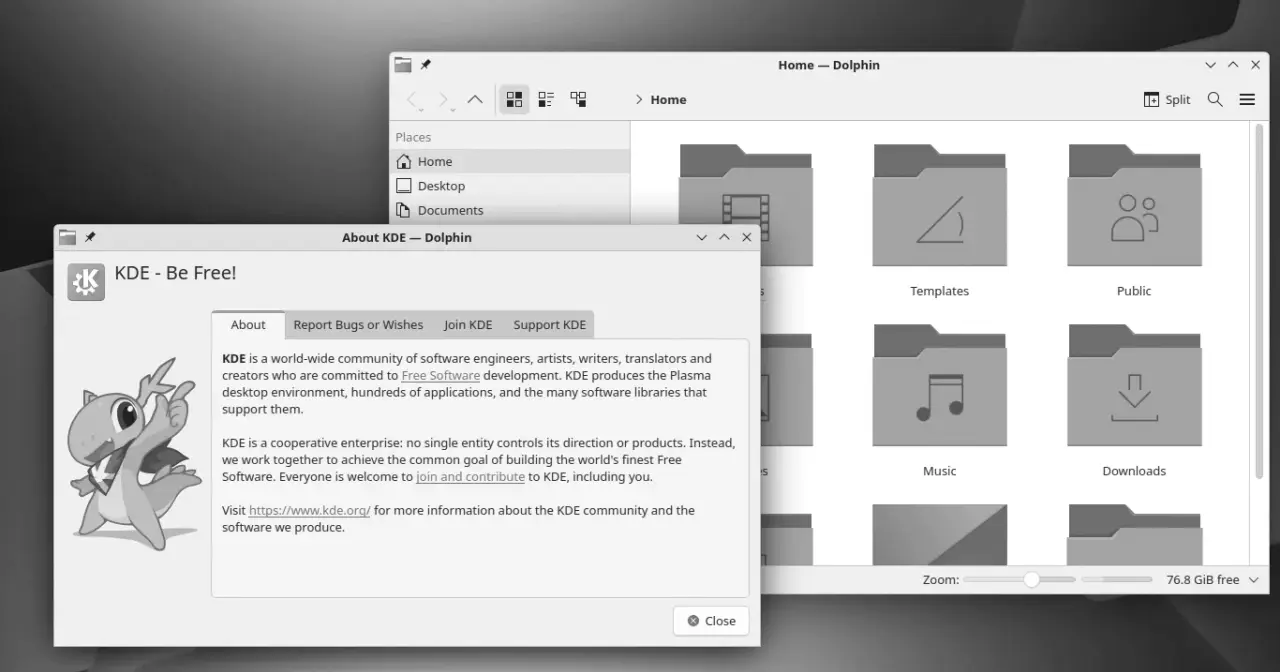 The KDE Plasma desktop with several windows open on the default wallpaper