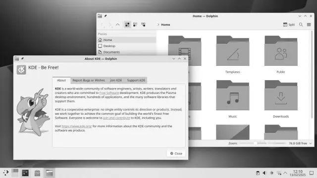The KDE Plasma desktop with several windows open on the default wallpaper