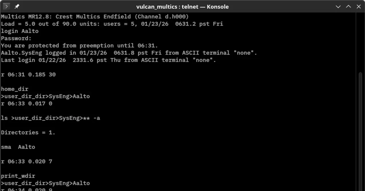 Screenshot of the Multics 12.8 operating system running on the DPS8M emulator
