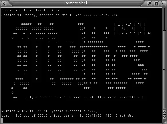 Multics login screen accessed remotely from a terminal