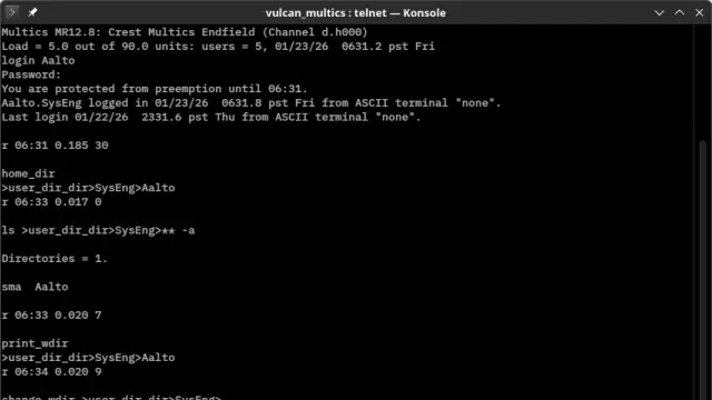 Screenshot of the Multics 12.8 operating system running on the DPS8M emulator