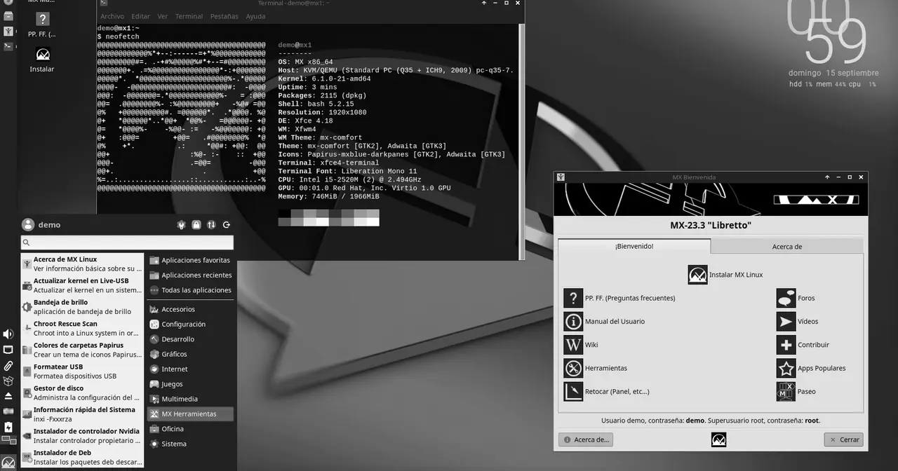 MX Linux Xfce desktop showing the side panel and the MX Tools