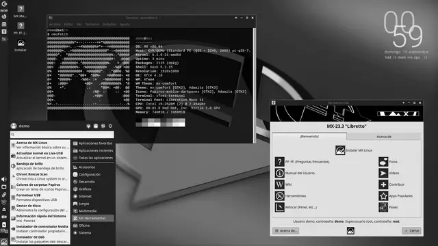 MX Linux Xfce desktop showing the side panel and the MX Tools