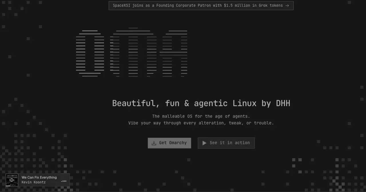 Omarchy website homepage, with the logo drawn in terminal characters, the tagline "Beautiful, fun & agentic Linux by DHH" and buttons to download it and see it in action