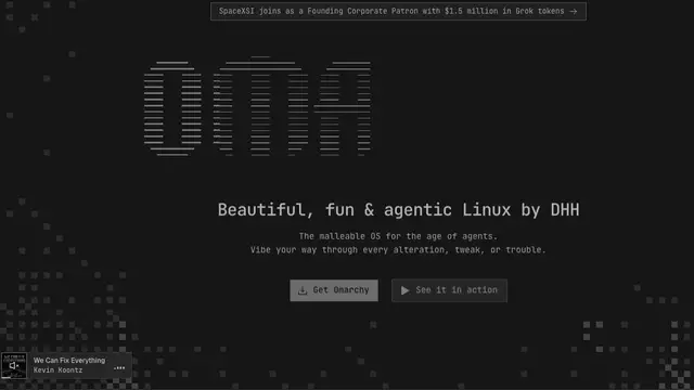 Omarchy website homepage, with the logo drawn in terminal characters, the tagline "Beautiful, fun & agentic Linux by DHH" and buttons to download it and see it in action