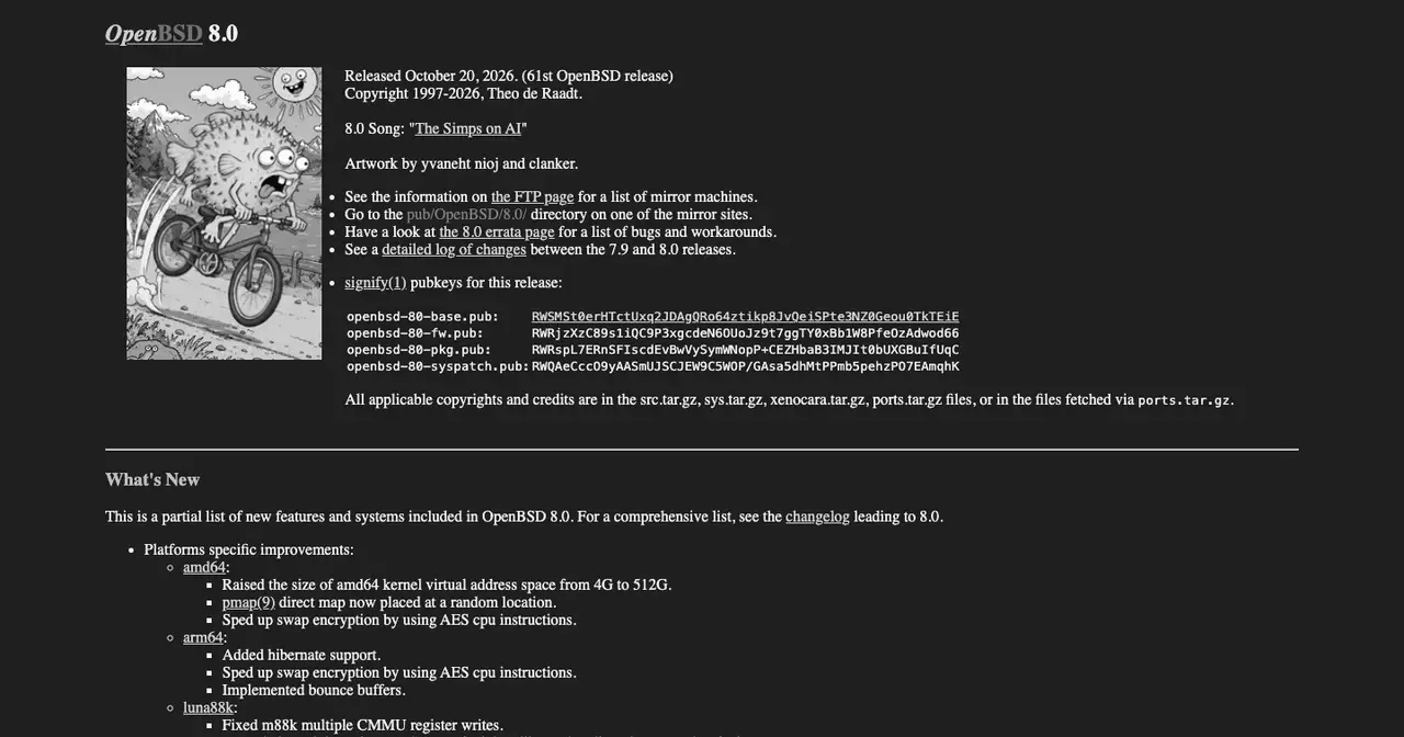 OpenBSD 8.0 page on openbsd.org, with the artwork of Puffy the pufferfish riding a bicycle, the 20 October 2026 release date and the start of the list of new features
