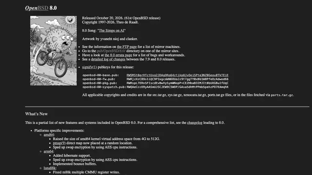 OpenBSD 8.0 page on openbsd.org, with the artwork of Puffy the pufferfish riding a bicycle, the 20 October 2026 release date and the start of the list of new features