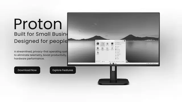 Proton OS website homepage, with the "Built for Small Business" tagline and a monitor showing the KDE Plasma desktop with the start menu open