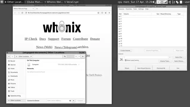 Qubes OS desktop with several isolated qubes open, including the Tor Browser in a Whonix disposable virtual machine