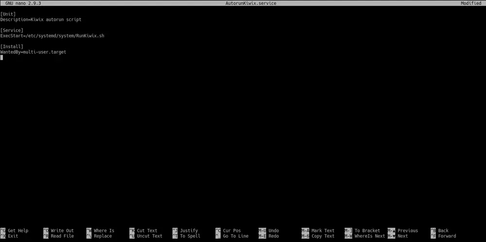 Terminal editing a systemd service unit file with nano to be run by systemctl