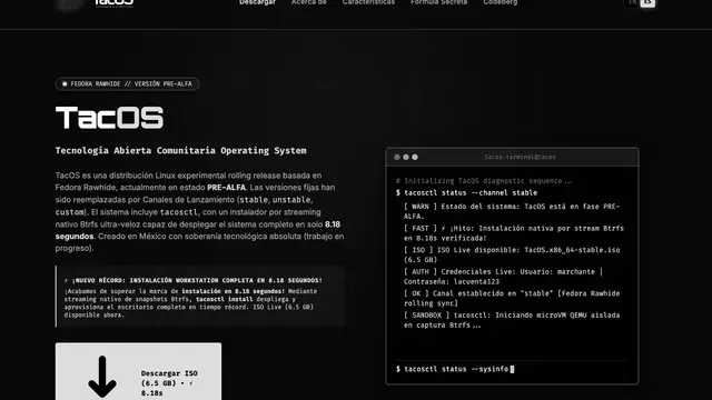 TacOS website homepage, with the logo, the pre-alpha Fedora Rawhide notice and a terminal showing the output of tacosctl status