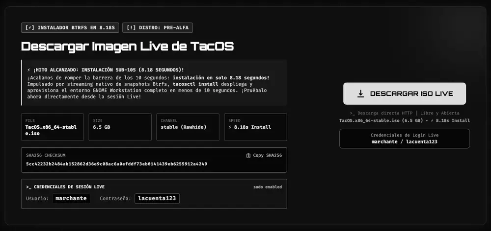 Download section of the TacOS website with the 6.5 GB TacOS.x86_64-stable.iso, the stable channel on Rawhide, the SHA256 checksum and the live session credentials