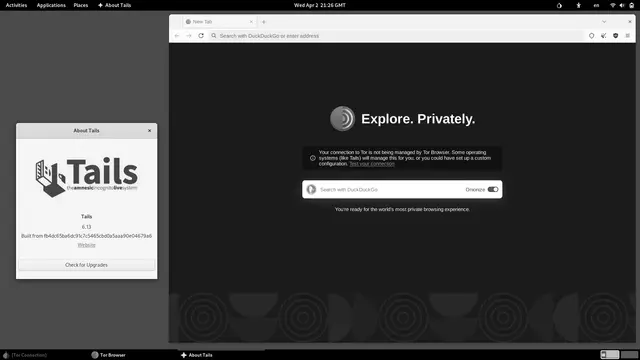 Screenshot of the Tails GNOME desktop with the Tor Browser open