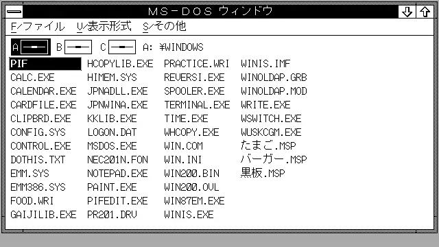 Windows 2.11 desktop showing the MS-DOS Executive file list