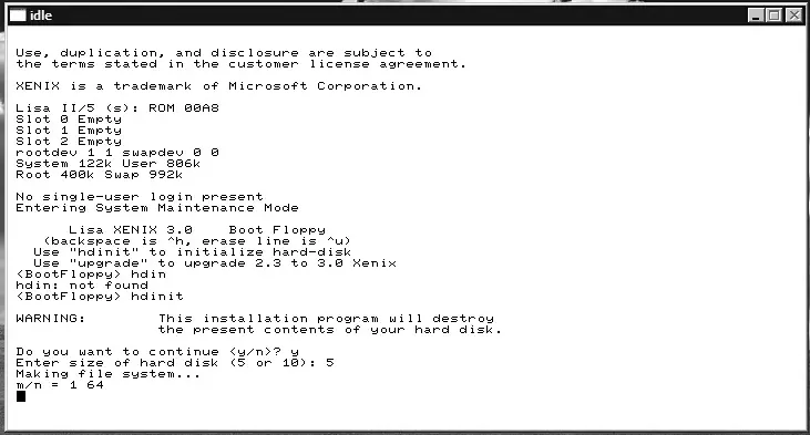 Xenix 3.0 running on an Apple Lisa through emulation