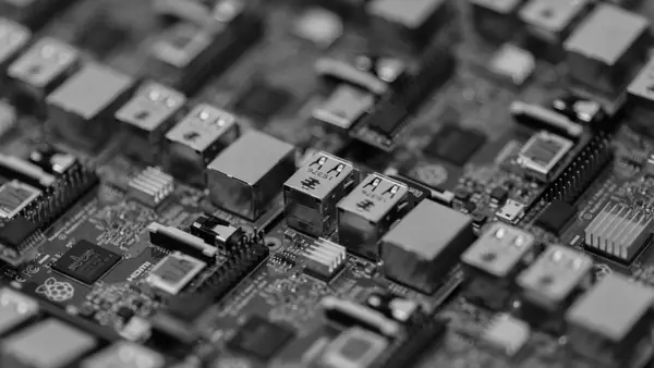 Close-up of a Raspberry Pi board showing its ports and components